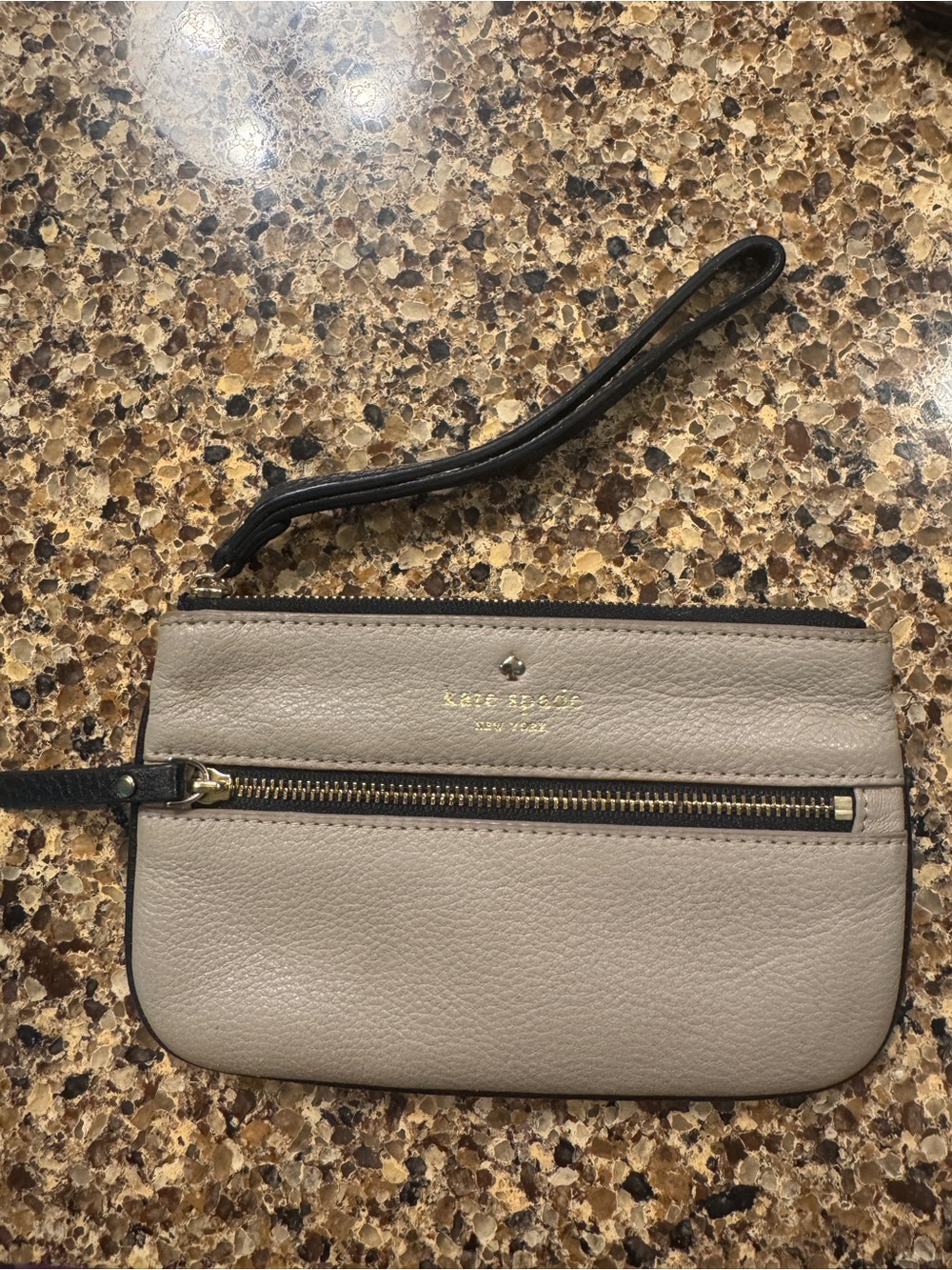 kate spade Taupe Leather Wristlet with Black Strap